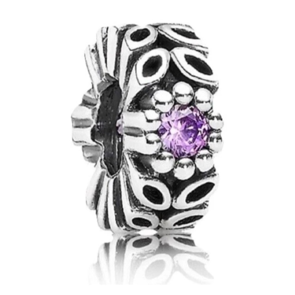 Pandora 925 Silver Purple Flower CZ Amethyst Sparkling Spacer Bead Charm